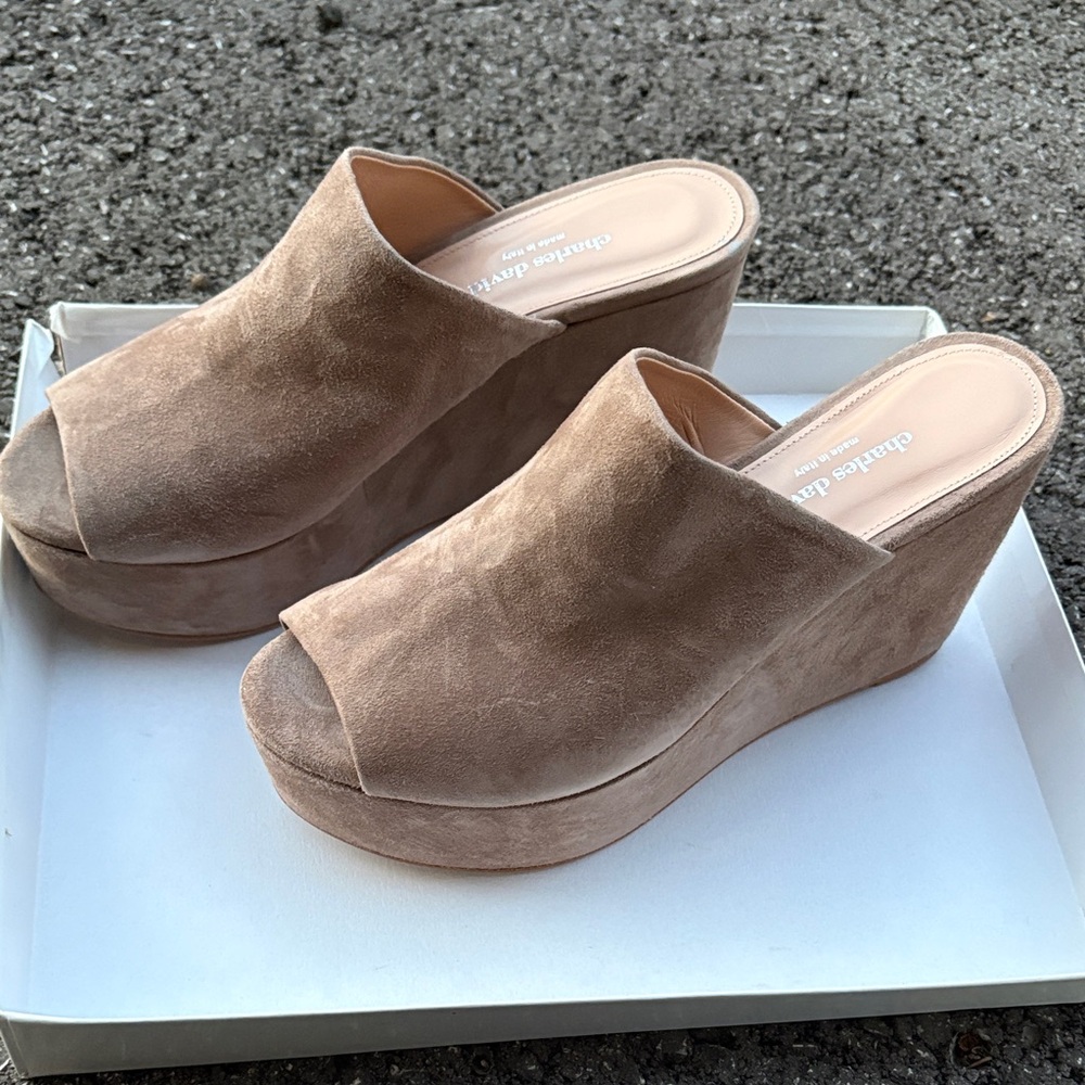 Charles David Taupe Suede Open-Toe Platform Wedges